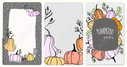 Thanksgiving and Harvest Festival Seasonal Vector Autumn Frames Set with Pumpkins  Plants  and Leaves. Trendy autumn design in doodle style.
