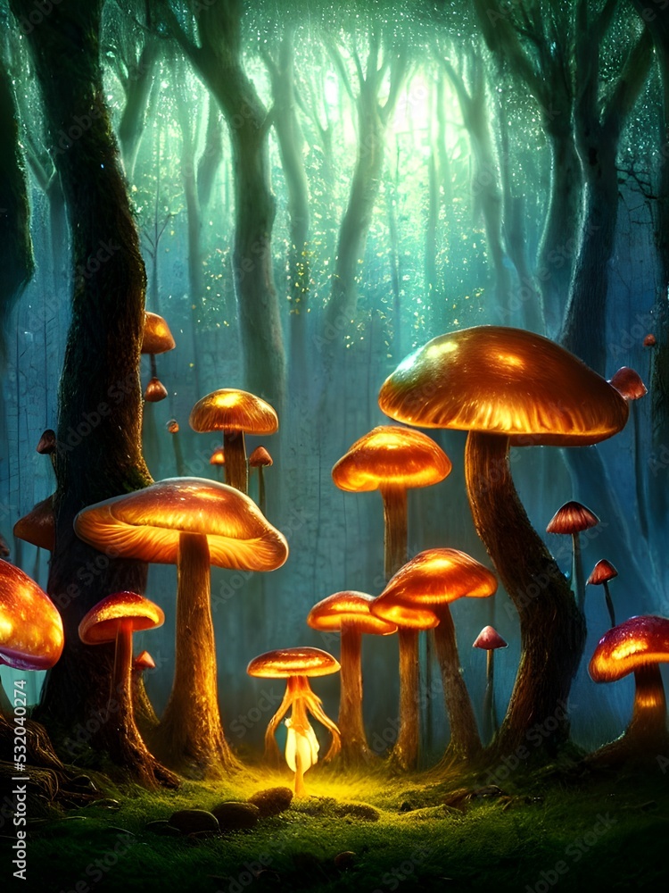 Fototapeta premium an enchanted forest at night illuminated by glowing mushrooms, fantasy, surrealism! 3d illustration