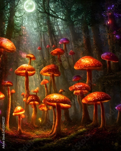 an enchanted forest at night illuminated by glowing mushrooms, fantasy, surrealism! 3d illustration