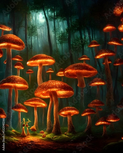 an enchanted forest at night illuminated by glowing mushrooms, fantasy, surrealism! 3d illustration