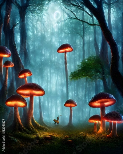 an enchanted forest at night illuminated by glowing mushrooms,  fantasy, surrealism! 3d illustration © Alena