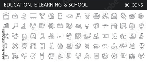 Education and back to school, e-learning, - 80 outline icons set. , university, learning, studying, Equipment and tools. Editable Stroke