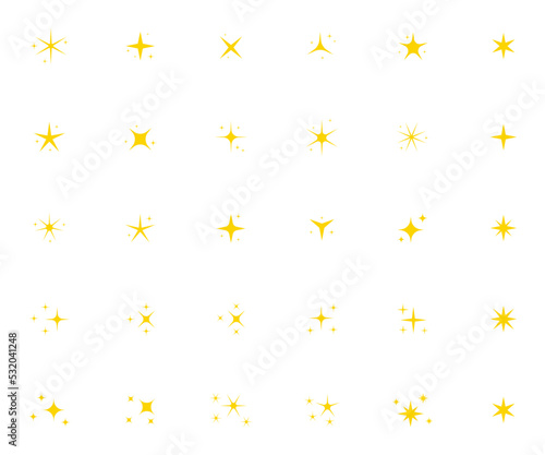 Conjunto de icono de brillo. Concepto de luces amarillas brillantes. Chispas de luz decorativas. Ilustración vectorial