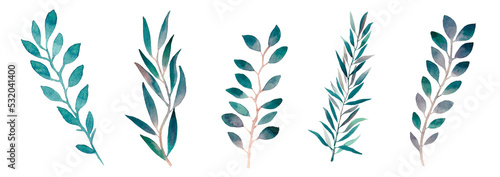 Watercolor greenery leaves set illustration, forest, tropical twigs, branch, floral plant herbs isolated, botanical greenery foliage clipart for wedding invitation card, frame and wreath, diy