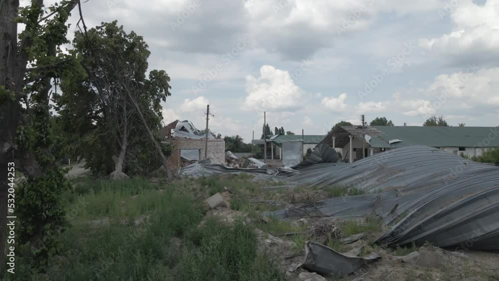 Kopylіv, Kyiv, Ukraine - 26.06.2022: Grain storage hangar after an airstrike by Russian invaders in Ukraine Kopylіv, Kyiv, Ukraine - 26.06.2022: Grain storage hangar after an airstrike by Russian invaders in Ukraine