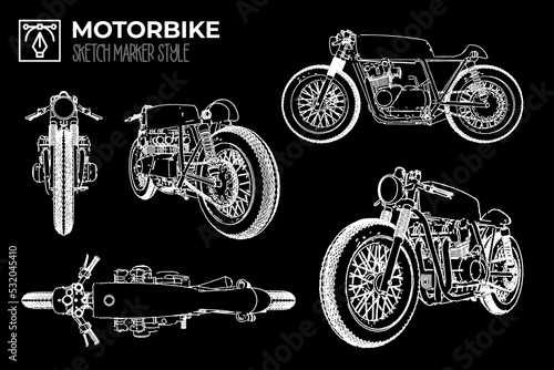 Isolated cafe racer motorbike silhouette in different views.