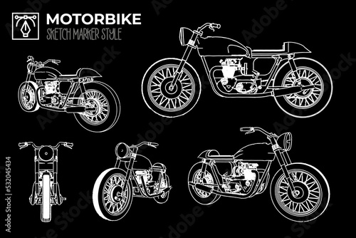 Isolated cafe racer motorbike silhouette in different views.