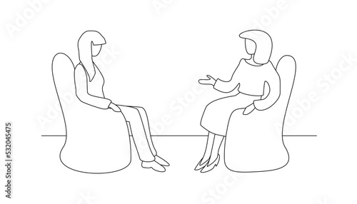 Psychologist. Women sit in chairs and communicate. Mental health, psychotherapy. Communications.