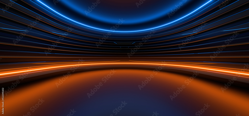 Obraz premium Sci Fy neon lamps in a dark corridor. Reflections on the floor and walls. 3d rendering image.