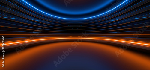 Sci Fy neon lamps in a dark corridor. Reflections on the floor and walls. 3d rendering image.