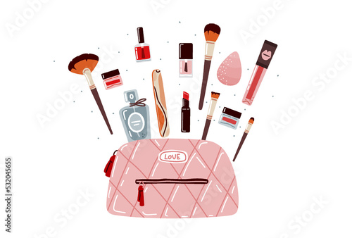 Makeup bag with decorative cosmetics on white background.Flat illustration