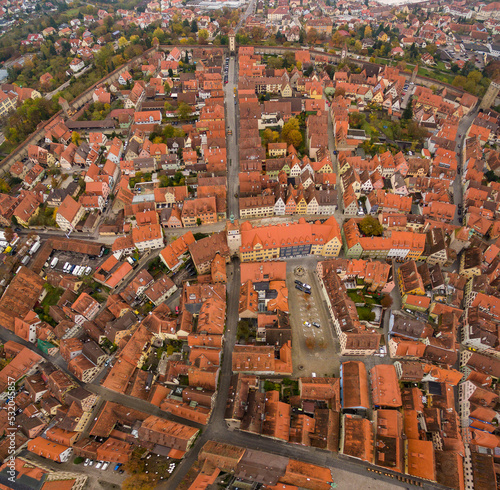 Aerial of the city Rothenburg ob der Tauber in Germany on early cloudy morning in Autumn. 