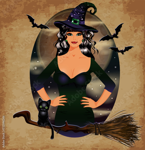 Happy Halloween invitation card, full moon, black cat and sexual witch, vector illustration	