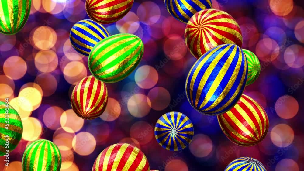 Realistic looping 3D animation of the fancy textured golden foiled colorful stripes Easter eggs falling from the top against shining colorful bokeh lights rendered in UHD Realistic looping 3D animation of the fancy textured golden foiled colorful stripes Easter eggs falling from the top against shining colorful bokeh lights rendered in UHD