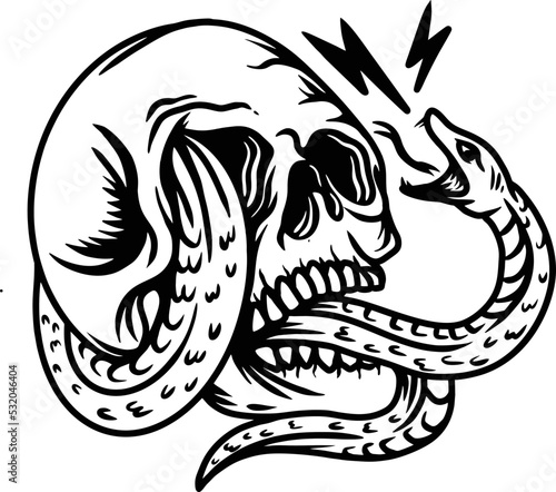 Gothic skull and snake vector illustration set. Vintage monochrome dead head with sword isolated vector illustration collection. Design elements for tattoo concept can be used for retro template