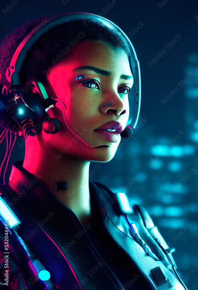 A fictional portrait of a ebony girl wearing a cyberpunk headset and ...