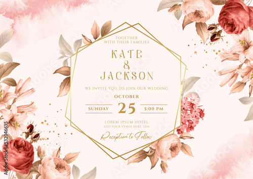 Floral background wedding invitation with roses and leaves decoration