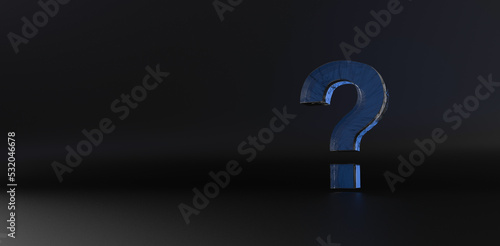 Close up question mark on a dark background. Dark theme. Interrogative topics. 3d rendering. Illustration for advertising. Transparent scrached galss volumed question mark.