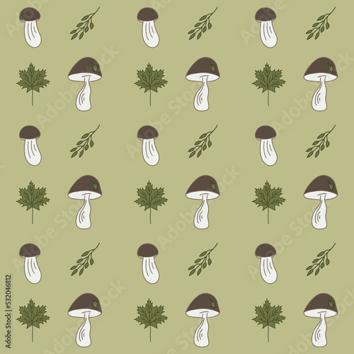 Autumn aesthetics forest pattern. Different cartoon mushrooms and leaves pattern on green background. Hand drawn cute doodle vector illustration.