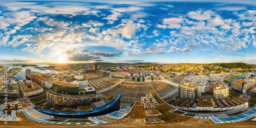 Aerial 360 equirectangular spherical panorama Oslo Norway railroad tracks