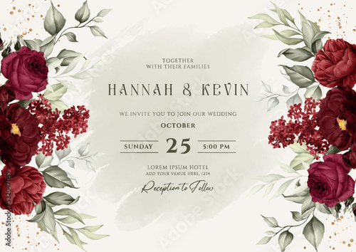 Floral background wedding invitation with red flower and leaves decoration