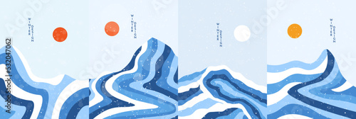 Vector hand drawn illustration. Abstract flat minimalist design landscape set. Winter cold snowy season. Retro nature graphic. Clear sky. Hand drawn mountains. Design for poster, layout, book cover