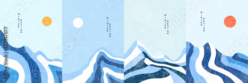 Vector hand drawn illustration. Abstract flat minimalist design landscape set. Winter cold snowy season. Retro nature graphic. Clear sky. Hand drawn mountains. Design for poster, layout, book cover