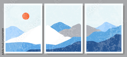 Vector illustration. Abstract landscape background. Ink brush stroke drawing. Vintage retro art style. Design elements for poster, cover, magazine, postcard. Blue, white color. Winter cold snow season