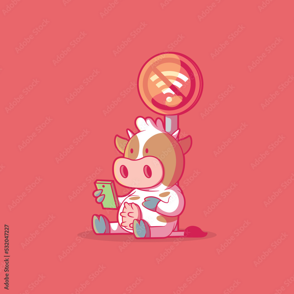 Fototapeta premium Cow Character using a phone under a forbidden wifi sign vector illustration. Technology, funny design concept.