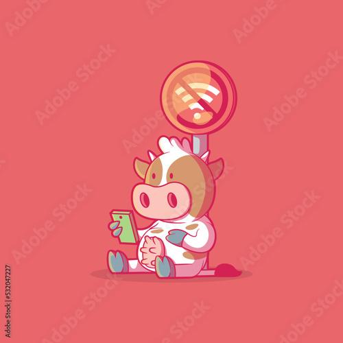 Cow Character using a phone under a forbidden wifi sign vector illustration. Technology, funny design concept.