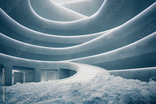 3d render of an ethereal mystical ice temple, multiple asymmetrical levels, curved spiral staircase, large clear glass walls. photo