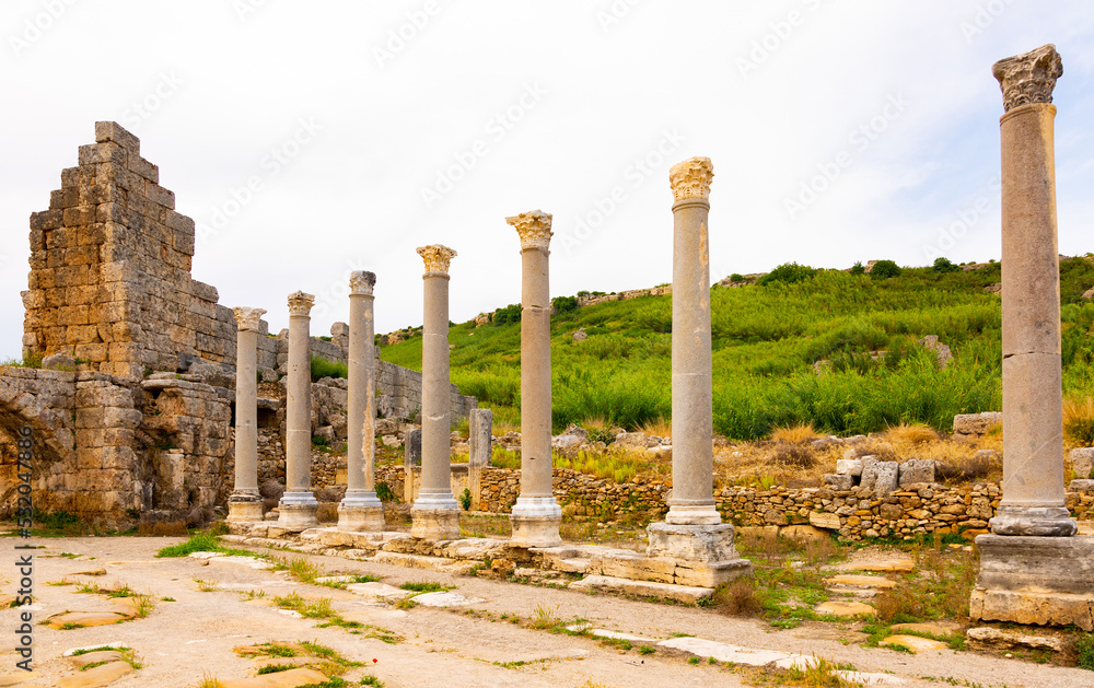 Column Street in Perge. Ruins of the ancient city. The main street of Perge is Arcadian