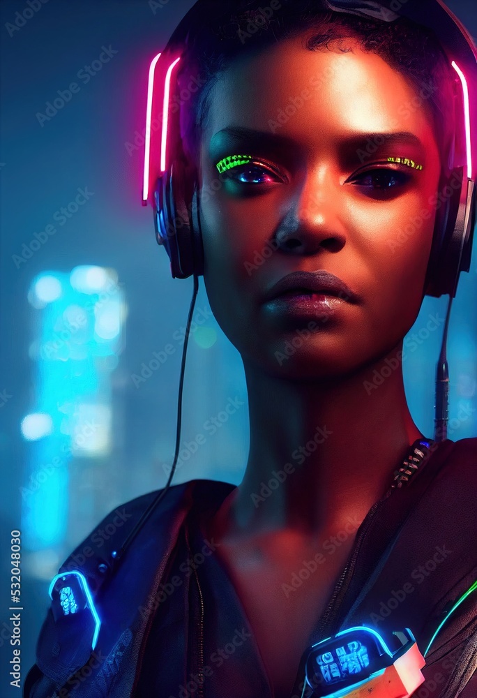A fictional portrait of a ebony girl wearing a cyberpunk headset and ...