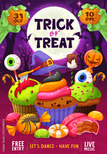 Halloween party flyer. Night cemetery, candies, sweets and desserts. Halloween holiday background, party vector vertical banner with candy, cookie and spooky muffins with eyeball, witch hat and axe