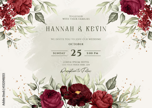 Floral background wedding invitation with red flower and leaves decoration