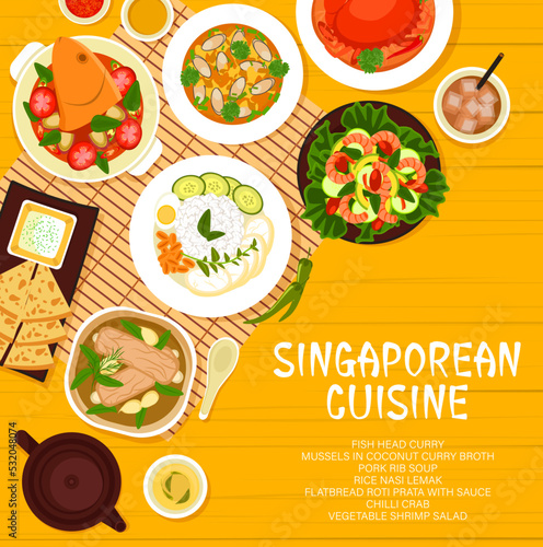 Singaporean cuisine restaurant menu page cover. Chilli crab, vegetable shrimp salad and fish head curry, flatbread Roti Prata with sauce, mussels in coconut curry broth and Nasi Lemak, pork rib soup