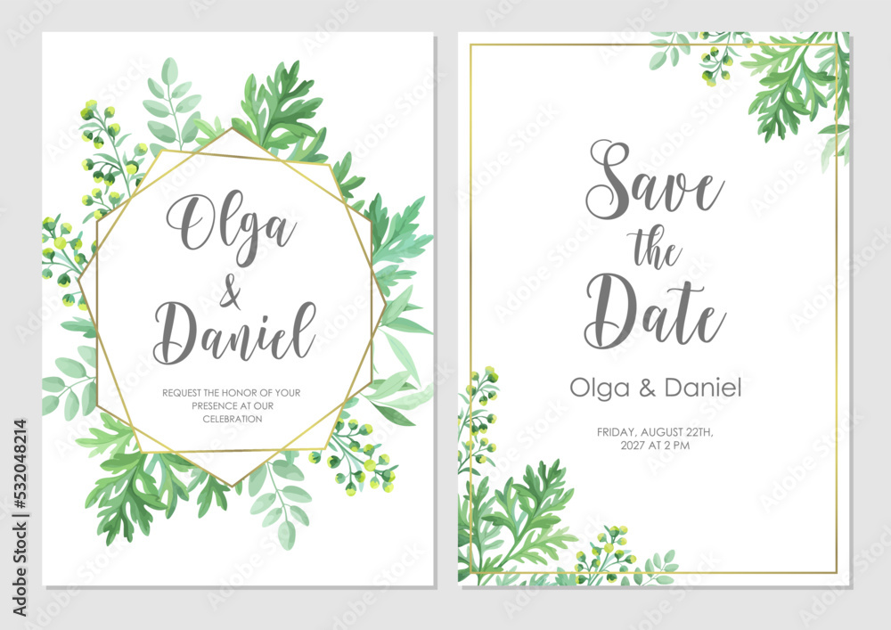 Greenery wedding invitation template. Invite card with place for text. Floral frame with sagebrush and wild herbs. Vector illustration.