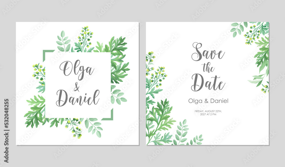 Greenery wedding invitation template. Invite card with place for text. Floral frame with sagebrush and wild herbs. Vector illustration.