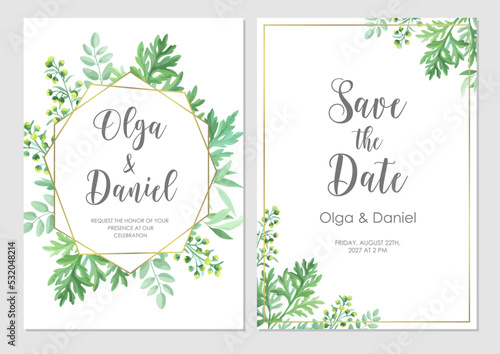 Greenery wedding invitation template. Invite card with place for text. Floral frame with sagebrush and wild herbs. Vector illustration. photo