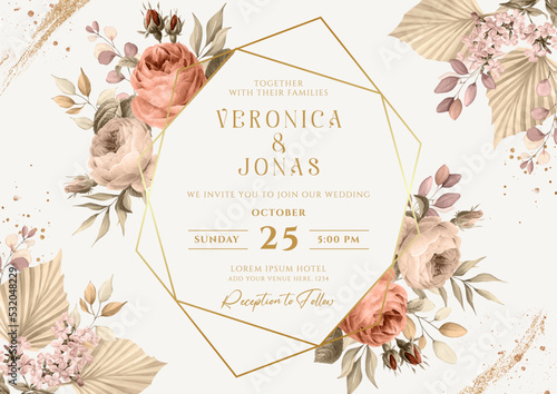 Floral background wedding invitation with roses and leaves decoration