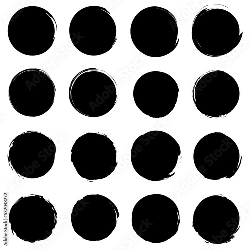 black brush circles. Round shape. Grunge texture. Round frame set. Vector illustration. stock image. 