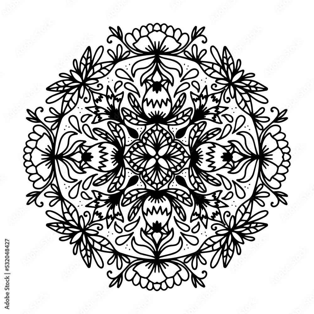 Vector Illustration Outline Mandala Flower Isolated on a White Background. Circular Ornament in Ethnic Oriental Style. Design for Henna, Mehndi, Tattoo, Floral Pattern, Decoration, Coloring Book Page.