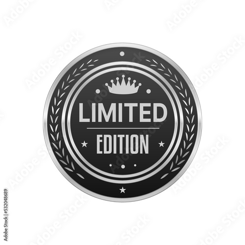 Limited edition silver badge and label with laurel and crown. Authenticity warranty platinum tag, premium product certificate glossy metal vector label or seal. Quality guarantee silver badge or icon
