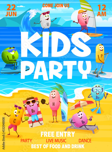 Kids party flyer. Cartoon vitamin characters on summer beach vacation. Kids party vector poster or placard with cute A, B, C, D vitamins personages sunbathing, SUP surfing and diving