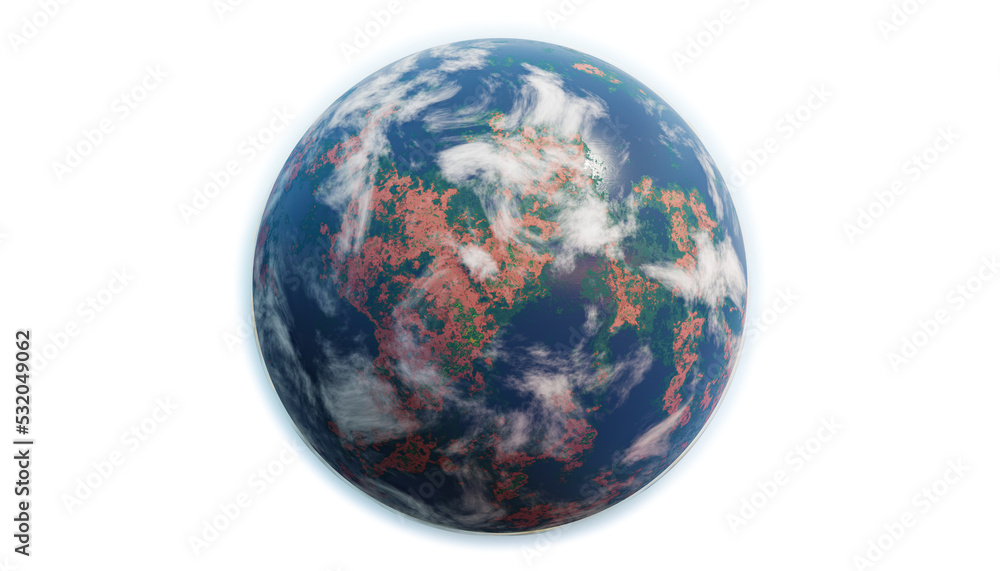 Exoplanet for human life. Habitable planet. Planet with water and greenery, concept of the discovery of exoplanets and the search for life. 3D Render.