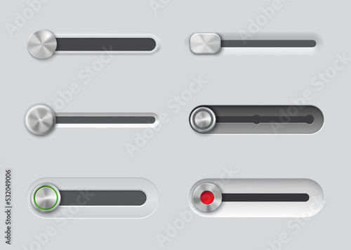 UI slider bar buttons, control, web interface volume slide toggles, realistic vector. Slider buttons for switch off, website or app menu bars and settings switcher controls in music player UI