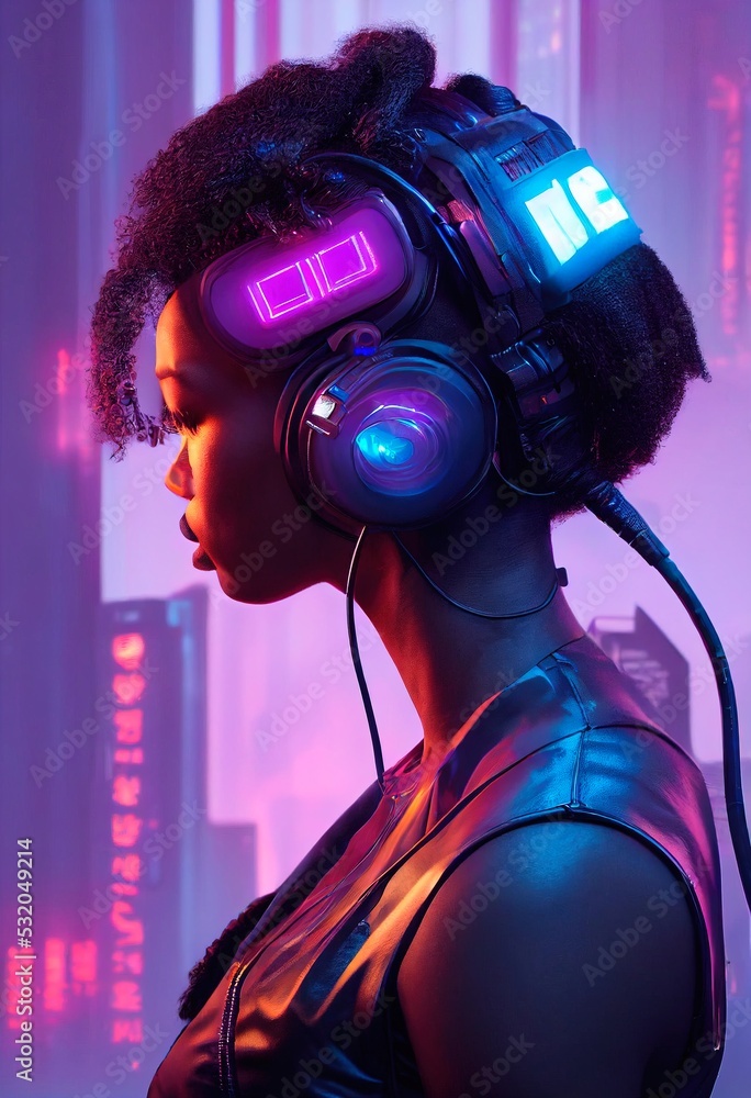 A fictional portrait of a ebony girl wearing a cyberpunk headset and ...
