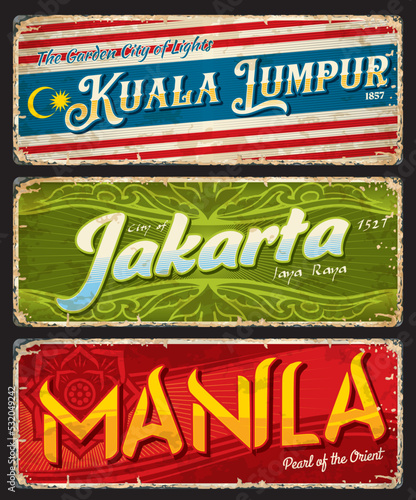 Jakarta  Kuala Lumpur  Manila city travel stickers  vector vintage plates. Indonesia  Malaysia  Philippines vacations and journey trip luggage tags or retro tin signs with cities landmarks and emblems