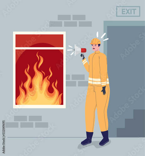 Fireman with megaphone in fire
