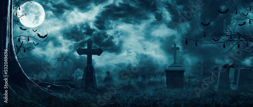 Fotografiet Zombie Rising Out Of A Graveyard cemetery In Spooky scary dark Night full moon bats on dead tree
